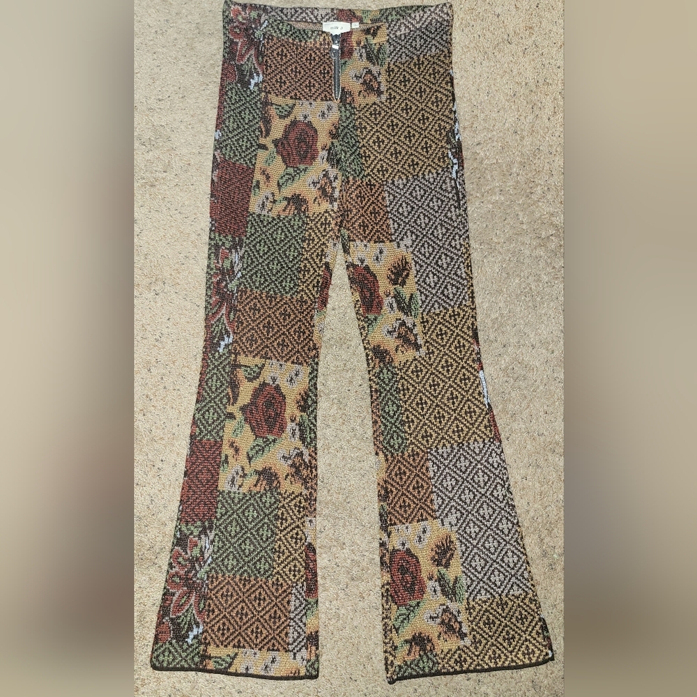 Milk It Flare Stretch Vibe Woven Pants Zip Front Patchwork Roses Size 10 /Medium